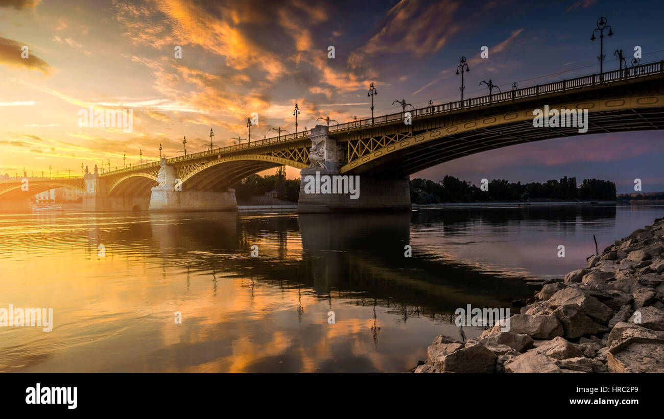 A beautiful view of a bridge at dusk Stock Photo