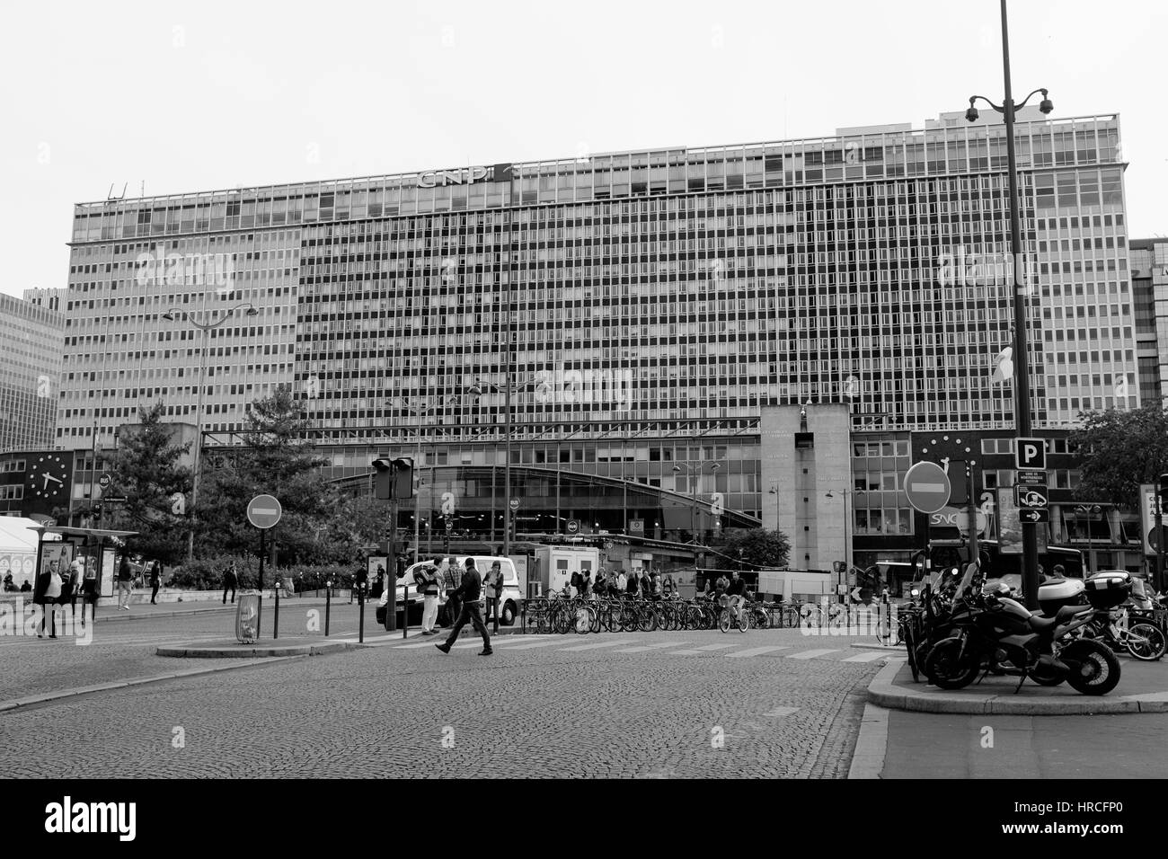 Grayscale image of Gare Montparnasse railway terminal from street level - Paris, France Stock Photo