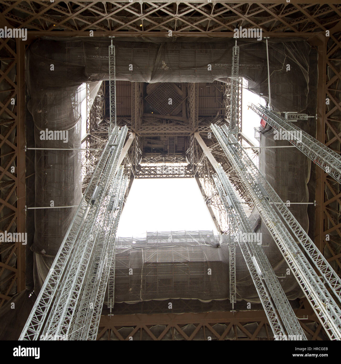 Full frame image of metal structures inside Eiffel Tower in Paris, view from below Stock Photo