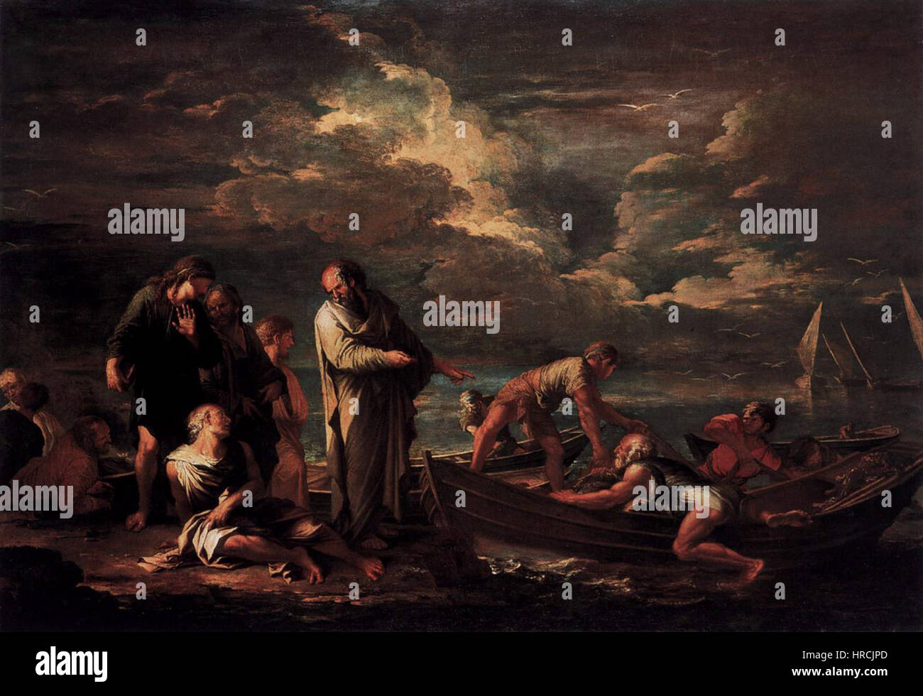 ‘Pythagoras and the Fisherman’ by Salvator Rosa illustrates a dramatic encounter between the philosopher Pythagoras and a fisherman, likely inspired by mythological or allegorical themes, showing Rosa’s skill in narrative and emotional intensity. Stock Photo