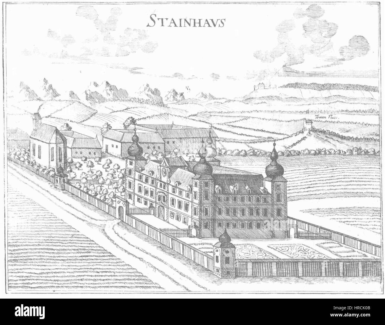 *Schloss Steinhaus nach Vischer* is a depiction of Steinhaus Castle, located in Austria, based on a drawing by Vischer. The artwork highlights the architectural features of the castle, reflecting the medieval style and its importance as a historical landmark. Stock Photo