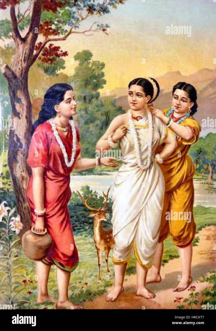 Raja Ravi Varma, Shakuntala and Sakhis (Oleographic print Stock ...