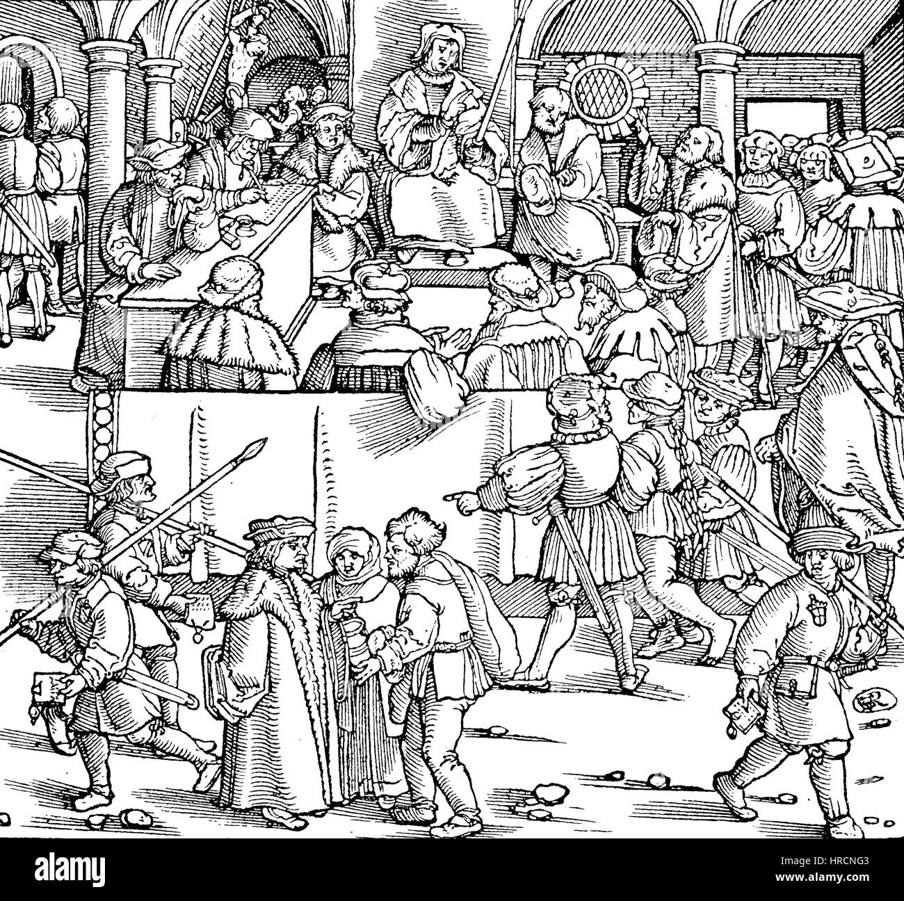 A court ruling, in the foreground the court of justice and in the background on the left it shows the torture, printed about 1530 in Strasbourg, France, Germany. The title of an old court rules book., reproduction of an woodcut from the 19th century, 1885 Stock Photo