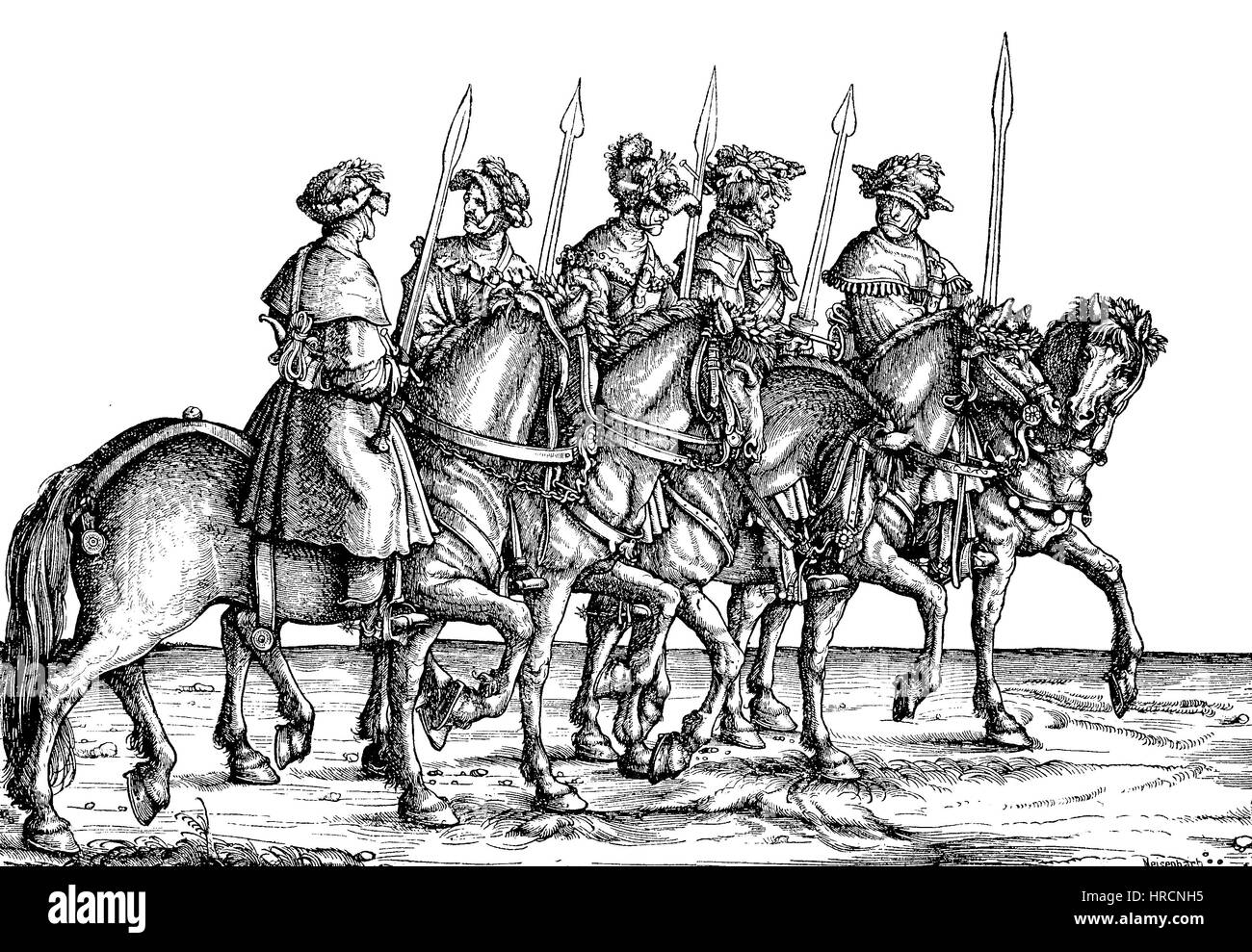 Blackwild hunter, Group of Maximilians I. Hunting, facsimile from Hans Burgkmair Woodcut: The Triumphal Procession, Triumphzug, or Triumphs of Maximilian is a monumental 16th-century , reproduction of an woodcut from the 19th century, 1885 Stock Photo