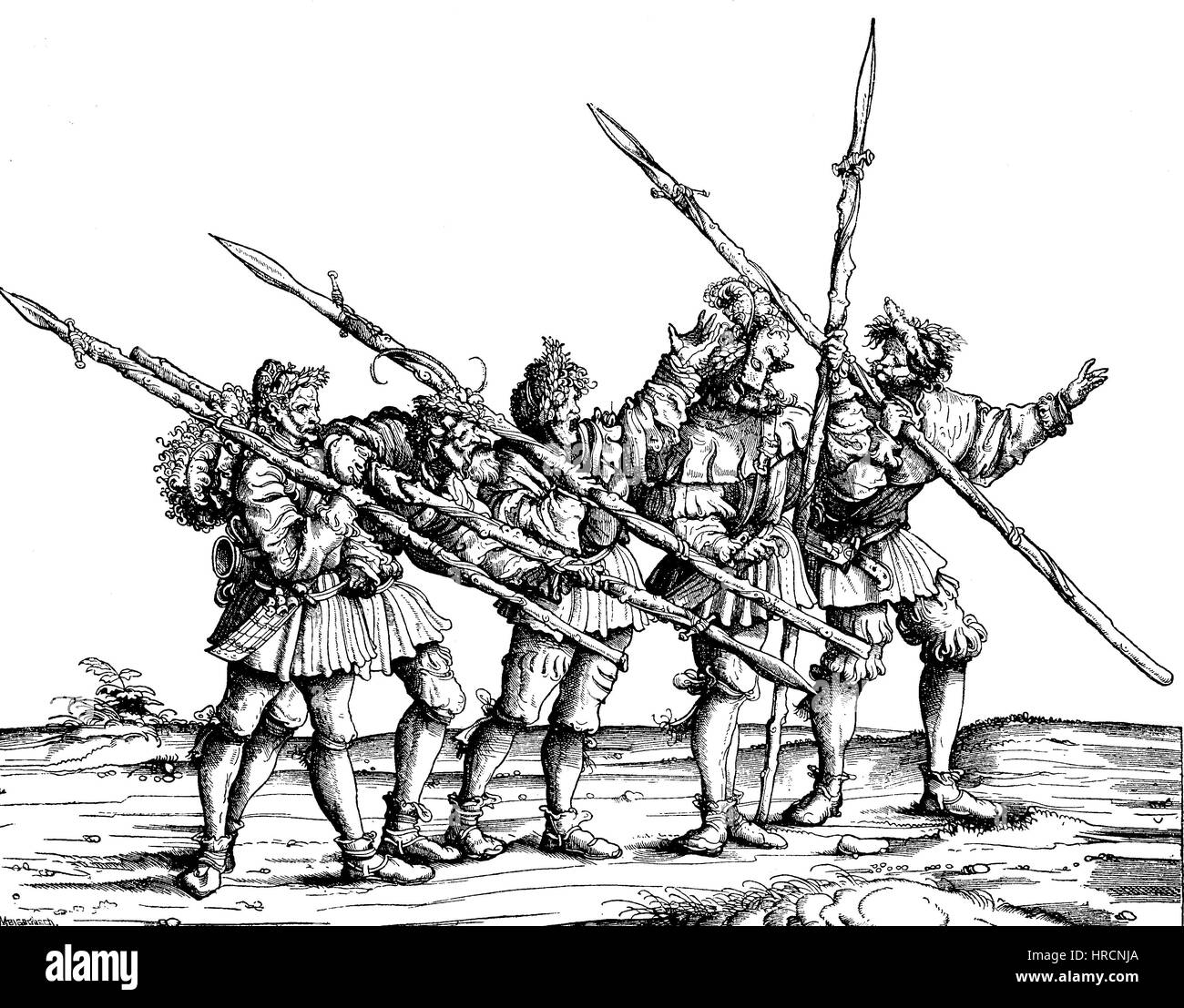 Bear hunters, Group of Maximilians I. Hunting, facsimile from Hans Burgkmair Woodcut: The Triumphal Procession, Triumphzug, or Triumphs of Maximilian is a monumental 16th-century , reproduction of an woodcut from the 19th century, 1885 Stock Photo