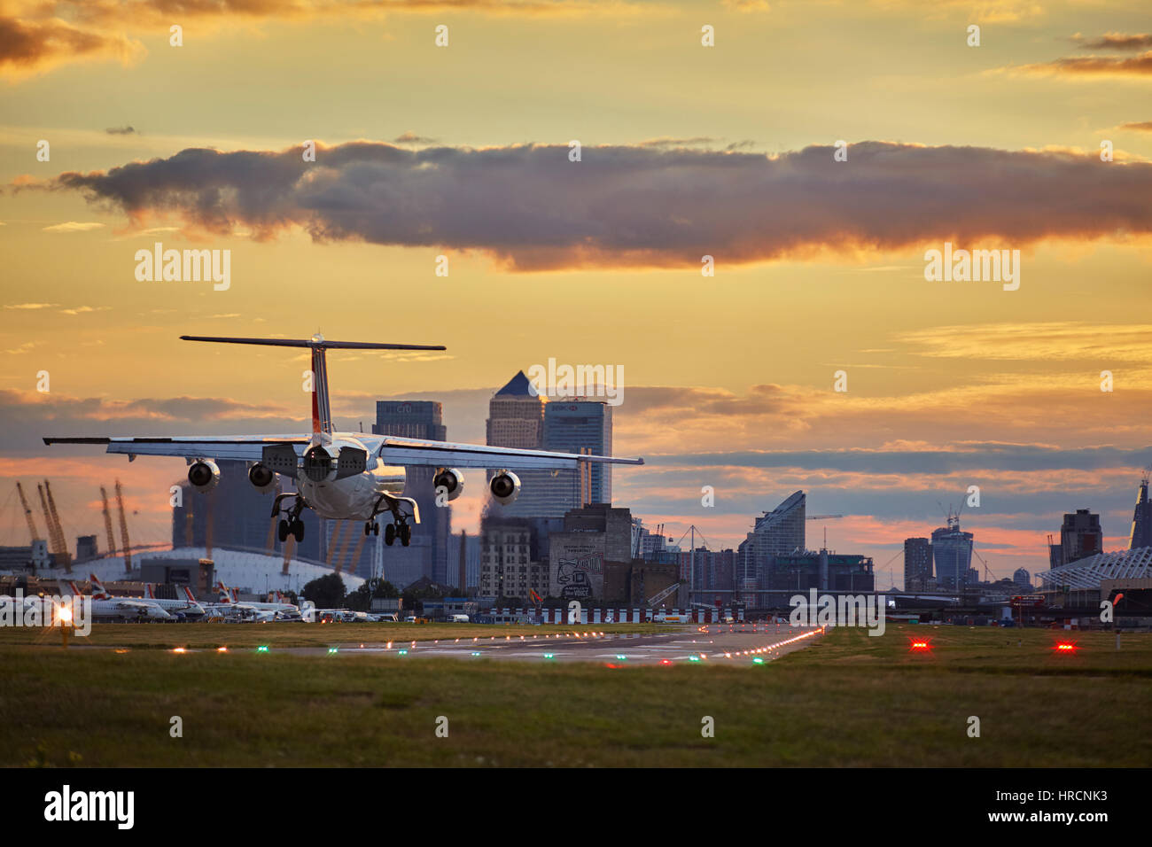Landing Plane on London City Airport Stock Photo
