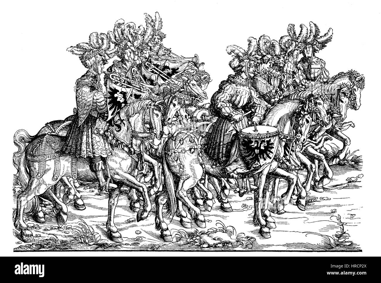 Trumpeter, Group of Maximilians I. triumphal procession, facsimile from Hans Burgkmair Woodcut: The Triumphal Procession, Triumphzug, or Triumphs of Maximilian is a monumental 16th-century , reproduction of an woodcut from the 19th century, 1885 Stock Photo