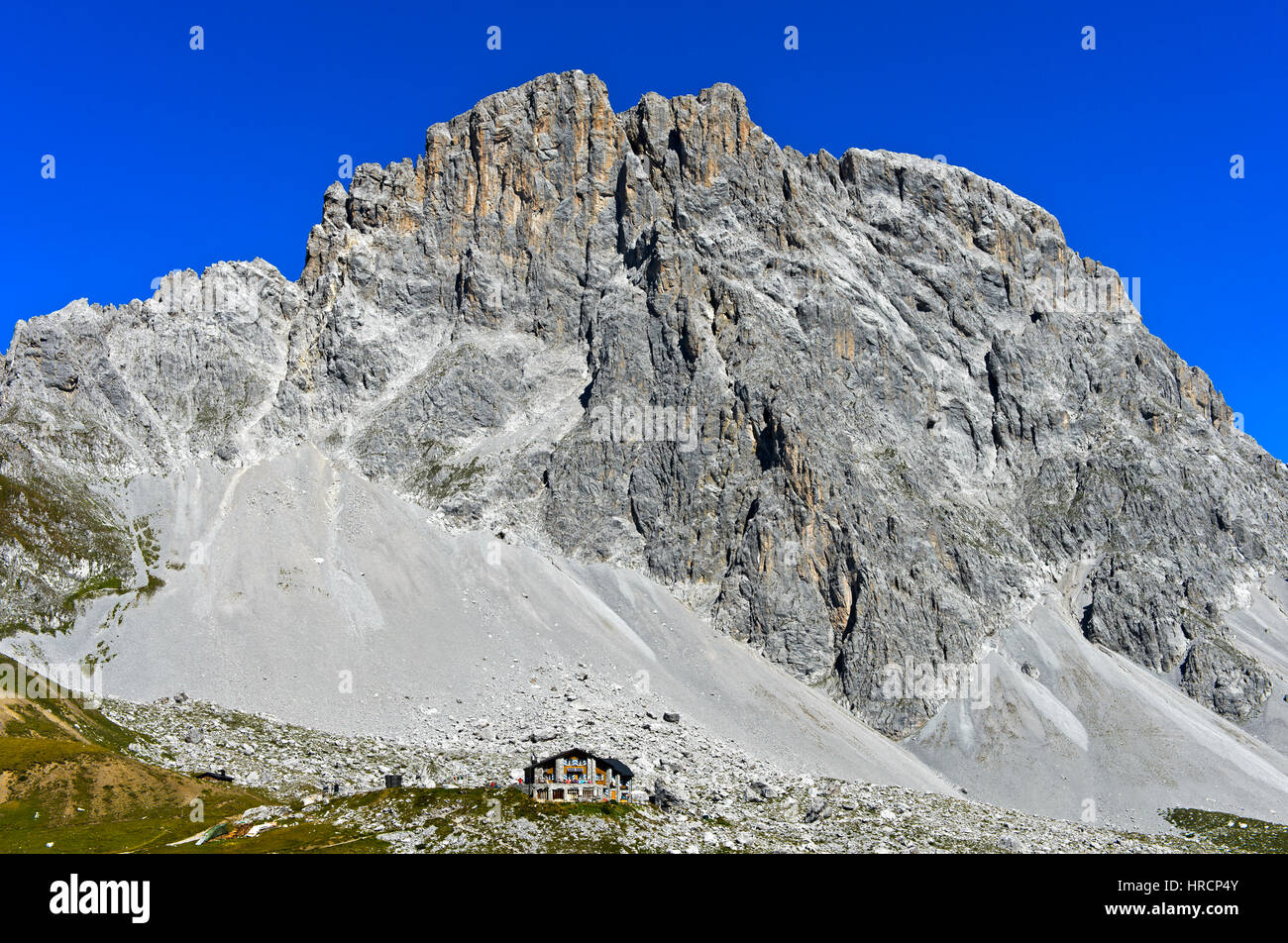 Mountain hut Carschinahütte,south face of the Sulzfluh peak, St. Antönien, Prättigau, Graubünden, Grisons, Switzerland Stock Photo