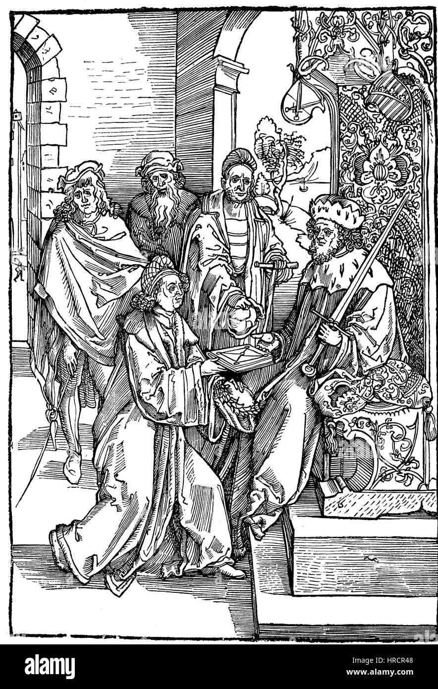Conrad Celtis, Konrad Celtes, Protucius, hands over Emperor Friedrich III. his works, facsimile of the woodcut of Albrecht Duerer, printed in Nuremberg, 1501, Germany, cover picture in, Opera Hrosvite , reproduction of an woodcut from the 19th century, 1885 Stock Photo