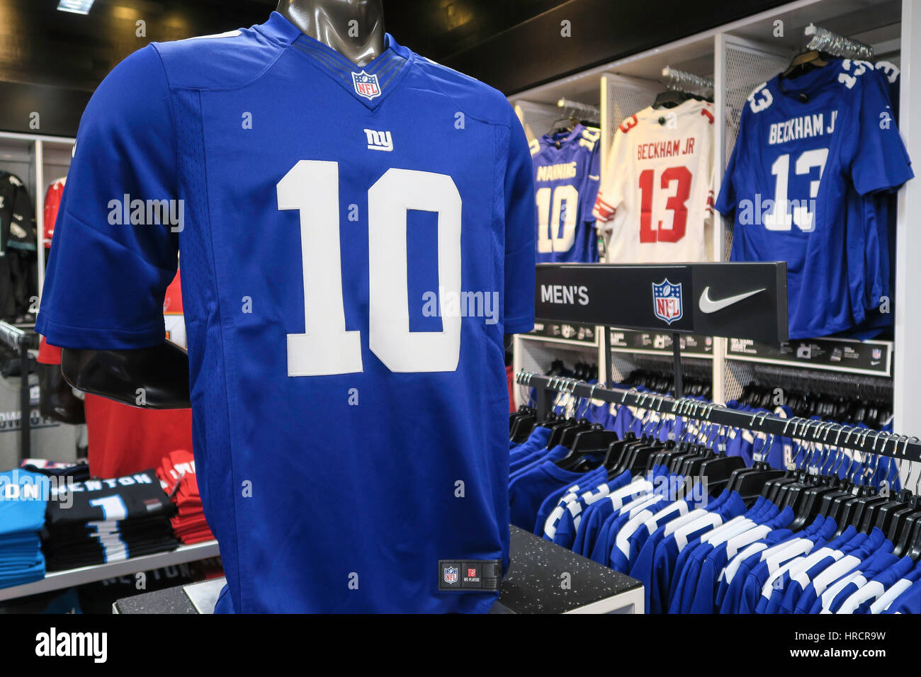 NFL Branded Clothing Display, Modell's Sporting Goods Store Interior, NYC Stock Photo