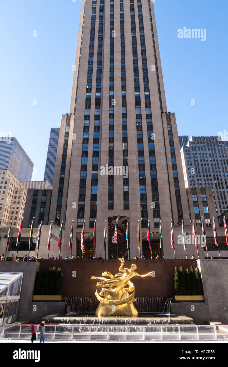 Statue of Prometheus, Rockefeller Center Plaza, NYC Stock Photo