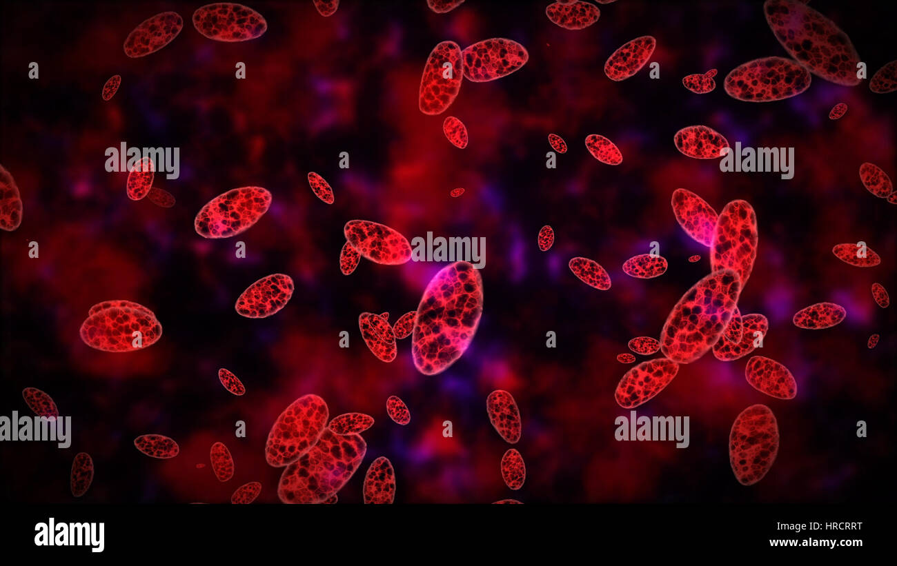 3d rendering of abstract red cells with a fractal texture on a dark red ...