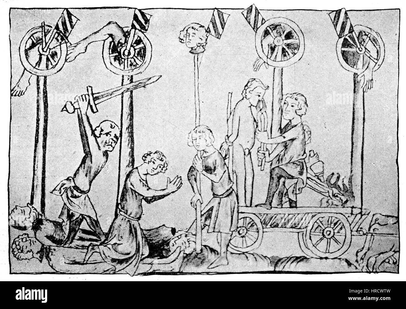 Execution of a man who has committed high treason, it was Tebaldo de Brusati, commander of Bresccia, that he was to be dragged through the camp, hanged on the gallows, beheaded, his intestines burned, the corpse was divided, the limbs individually bound to a wheel, Germany, middle of the 14th century, reproduction of an woodcut from the 19th century, 1885 Stock Photo