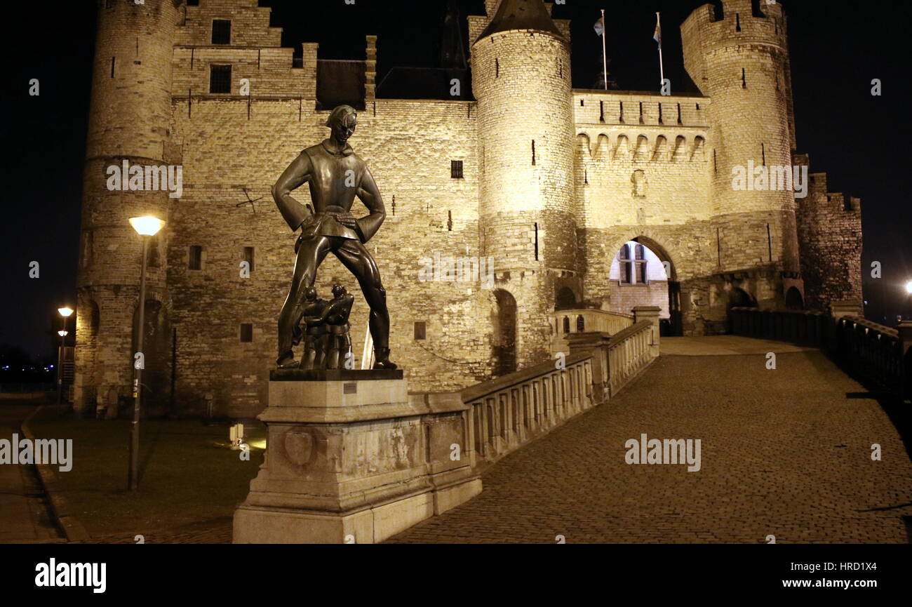 Het Steen, medieval fortress in the old city centre of Antwerp, Belgium along Scheldt river Stock Photo