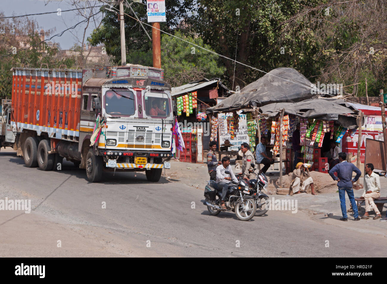 Scene at a rural truck stop in the central Indian state of Madhya Pradesh.There are many such service halts throughout the countryside Stock Photo