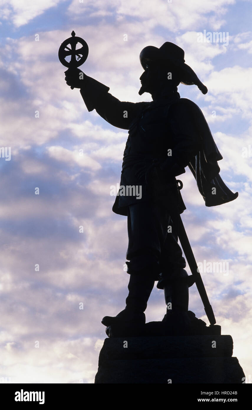 Silhouette of statue of Samuel de Champlain holding an astrolabe , Ottawa, Ontario, Canada Stock Photo