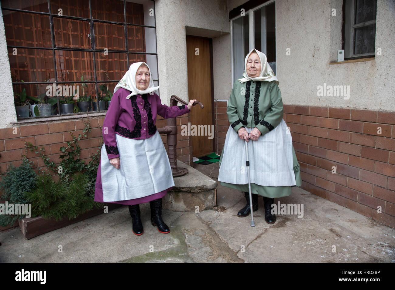 Portrait of two olf women from Tvrdonice, traditional region of Moravia Stock Photo