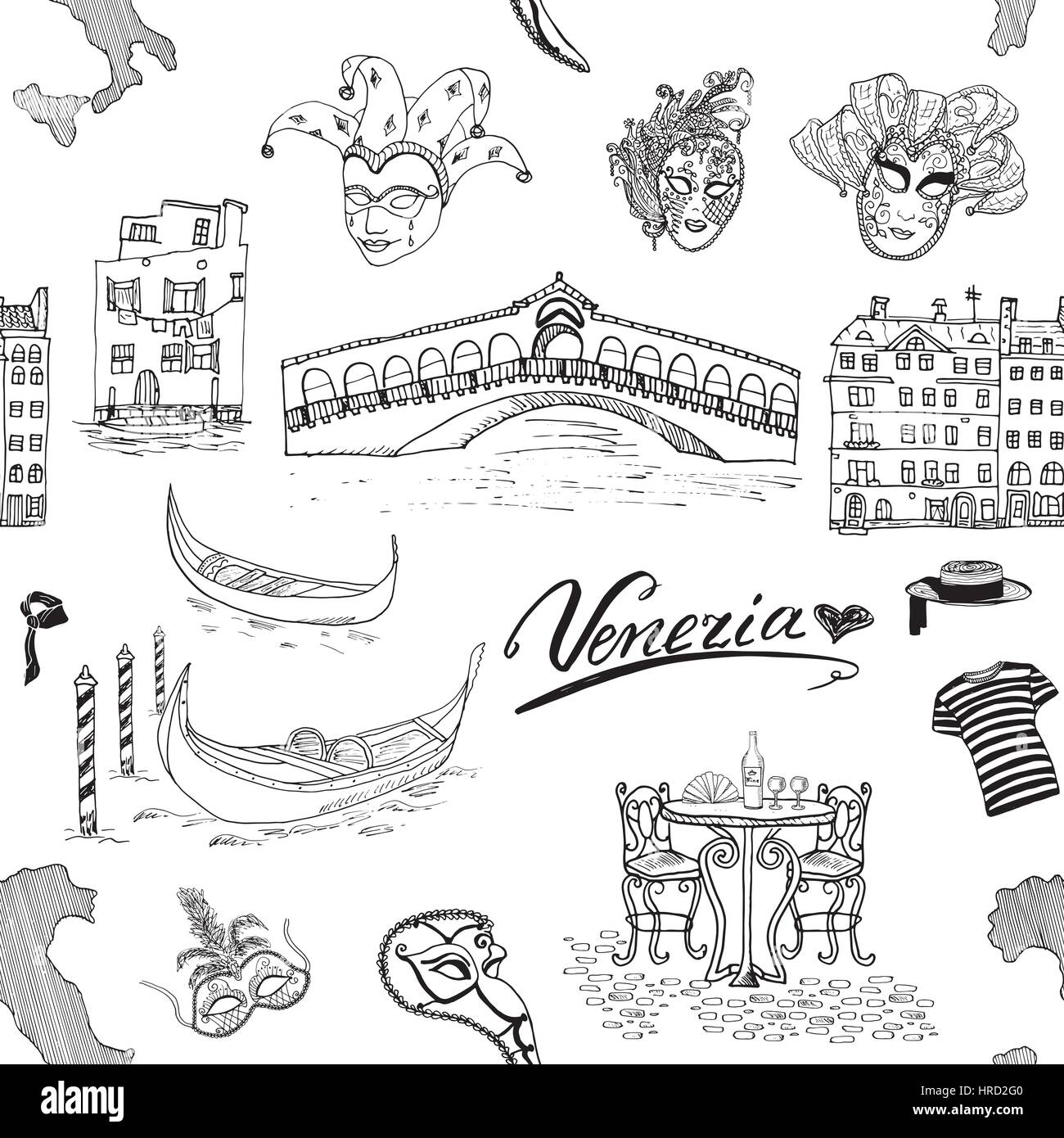 Venice Italy seamless pattern. Hand drawn sketch with map of Italy, gondolas, gondolier clothes, carnival venetian masks, houses, market bridge, cafe  Stock Vector