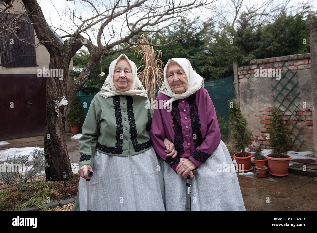 Two old women from Tvrdonice, traditional village in Moravia Stock Photo