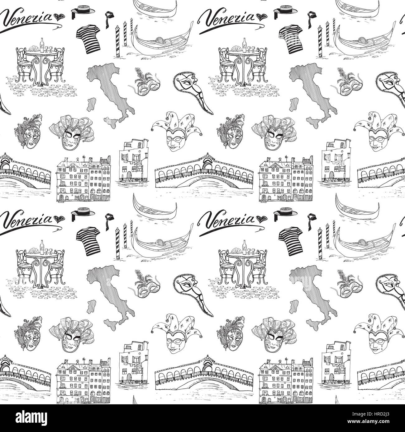 Venice Italy seamless pattern. Hand drawn sketch with map of Italy, gondolas, gondolier clothes, carnival venetian masks, houses, market bridge, cafe  Stock Vector