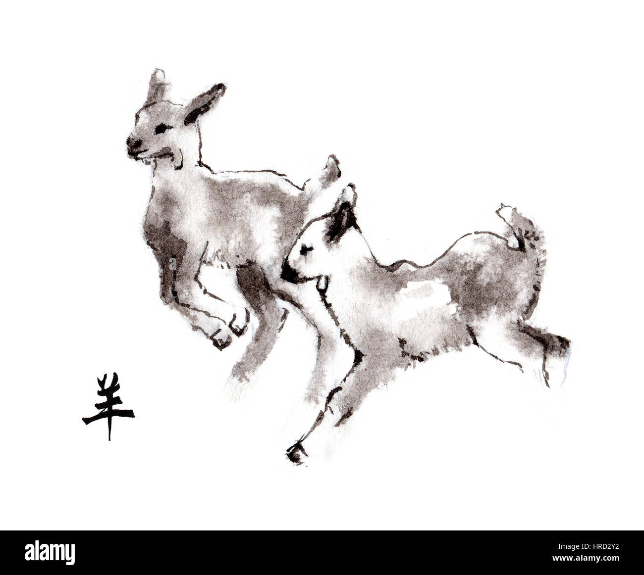 Playing baby goats oriental ink painting with Chinese hieroglyph 'goat'. Symbol of the new year of goat, sheep. Stock Photo
