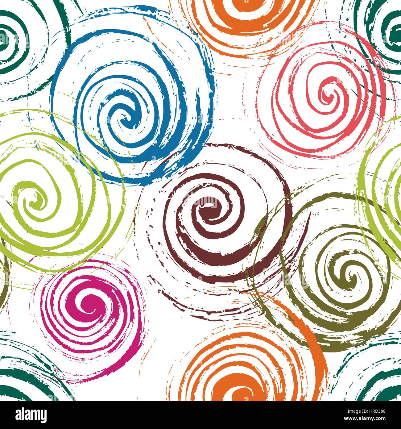 Swirl seamless pattern. Hand drawn spirals, free layout. Colors of flowers on white background. Textile design. Stock Vector