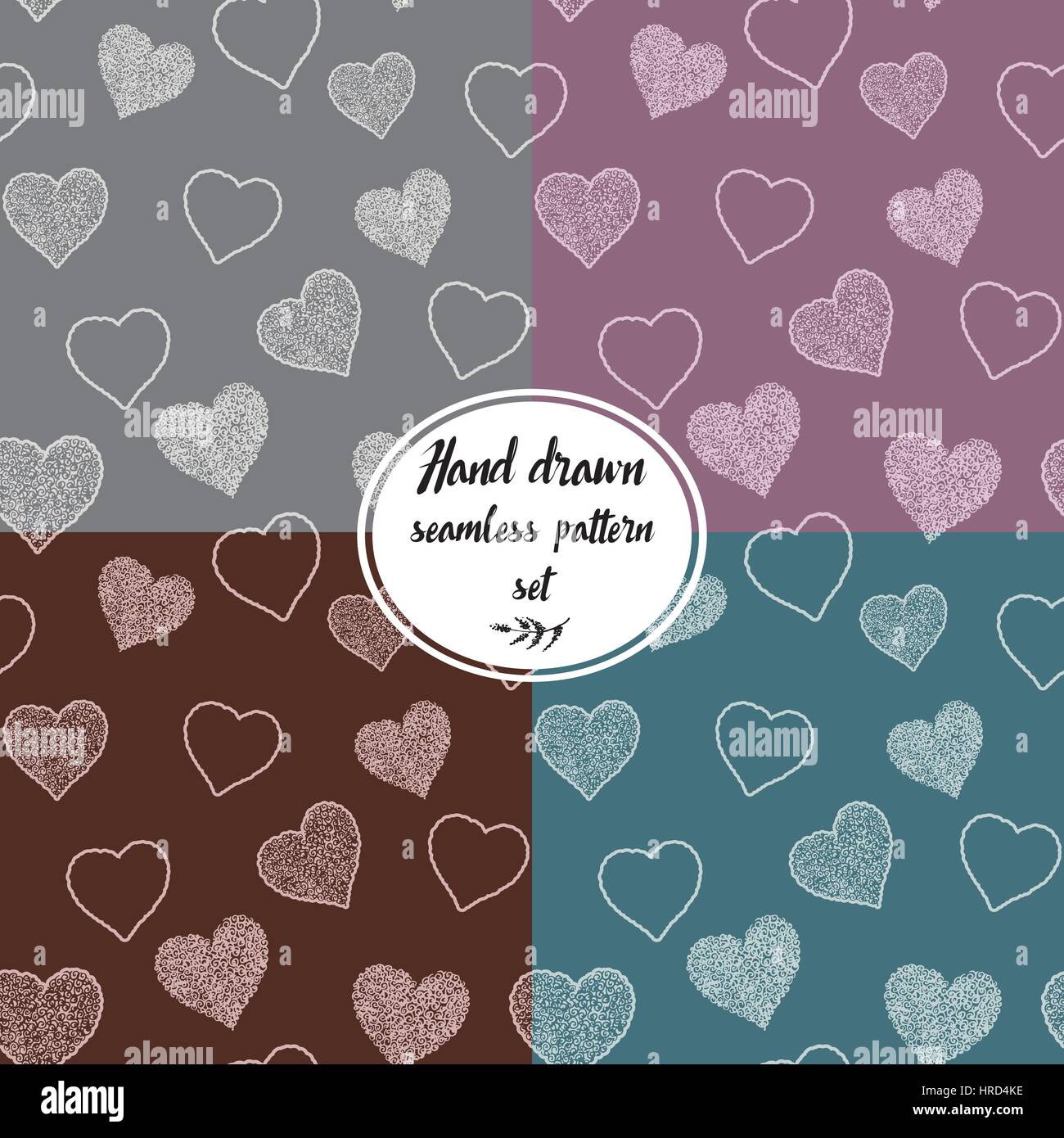 Seamless pattern set with hand drawn doodle hearts, vector illustration ...