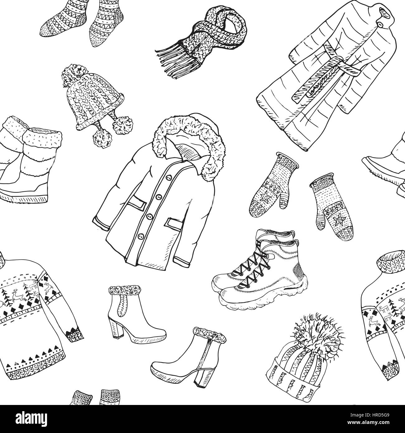 Winter season doodle clothes seamless pattern. Hand drawn sketch elements warm raindeer sweater, coat, boots, socks, gloves and hats. vector backgroun Stock Vector