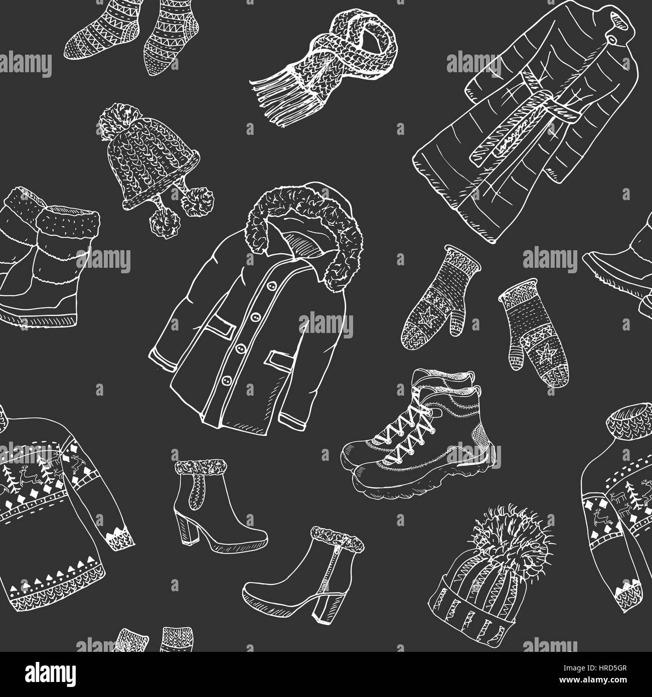 Winter season doodle clothes seamless pattern. Hand drawn sketch elements warm raindeer sweater, coat, boots, socks, gloves and hats. vector backgroun Stock Vector
