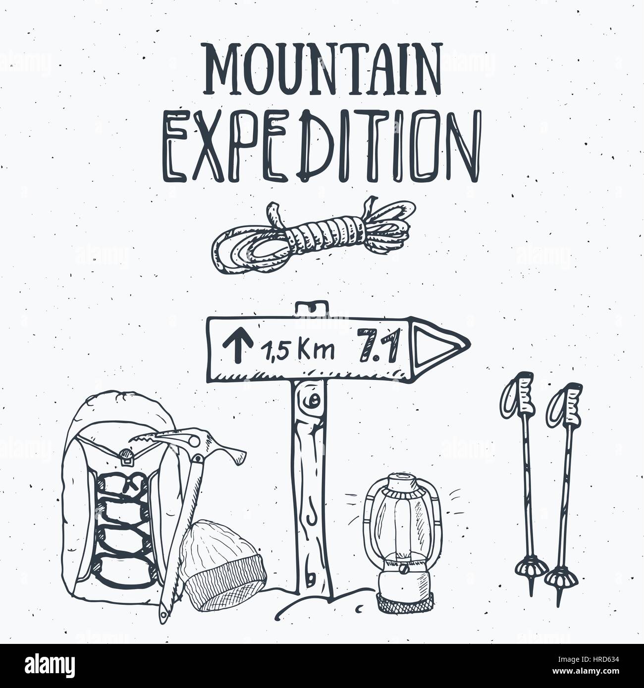 Mountain expedition vintage set. Hand drawn sketch elements for retro