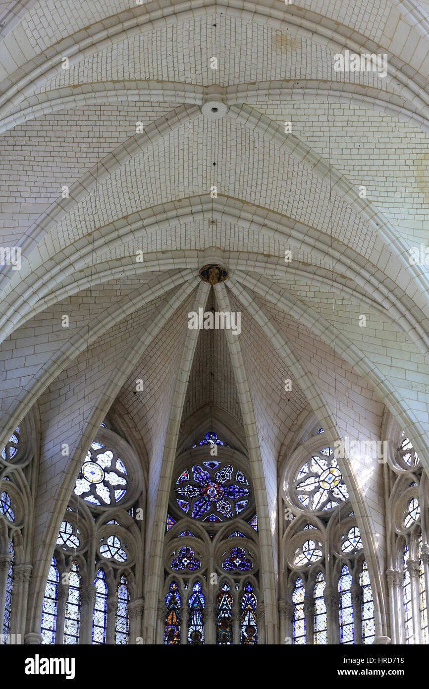 Windows of the apse. Nef. Amiens Cathedral. Vitraux de l'abside. La nef. Cathédrale Notre-Dame d'Amiens. Notre-Dame d'Amiens cathedral. Stock Photo