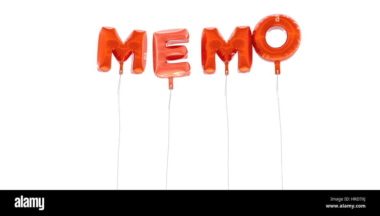 MEMO - word made from red foil balloons - 3D rendered.  Can be used for an online banner ad or a print postcard. Stock Photo