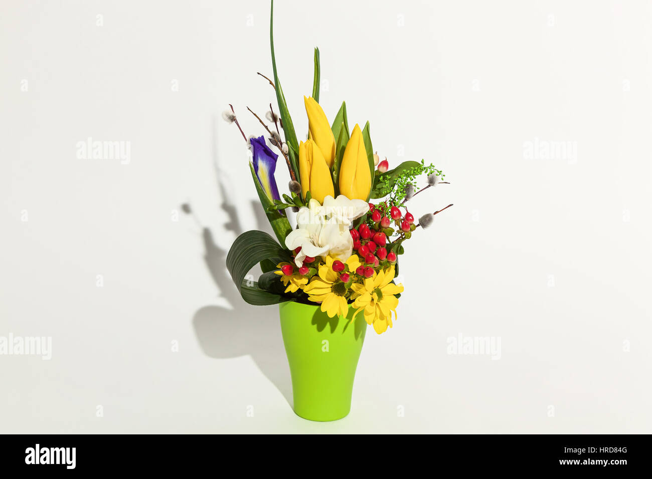 colorful floral bouquet of tulips, chrysanthemums, red hypericums and irises  in vase isolated on white background Stock Photo