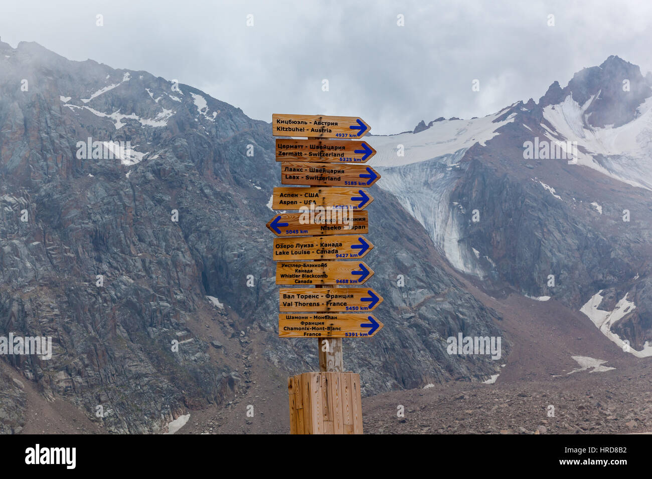 Pointer in Shymbulak. Wooden pointer in mountains of Kazakhstan. Stock Photo