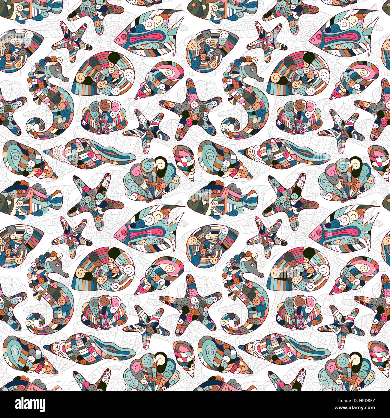 Vector seamless pattern with hand drawn underwater creatures Stock ...