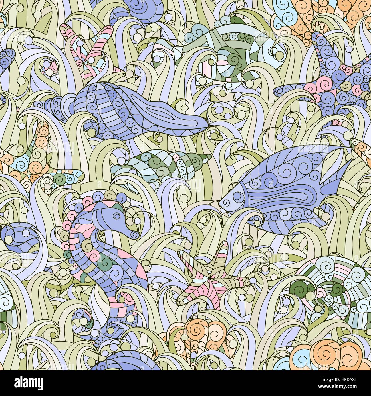Seamless pattern of colorful hand drawn seashells, starfish and ...