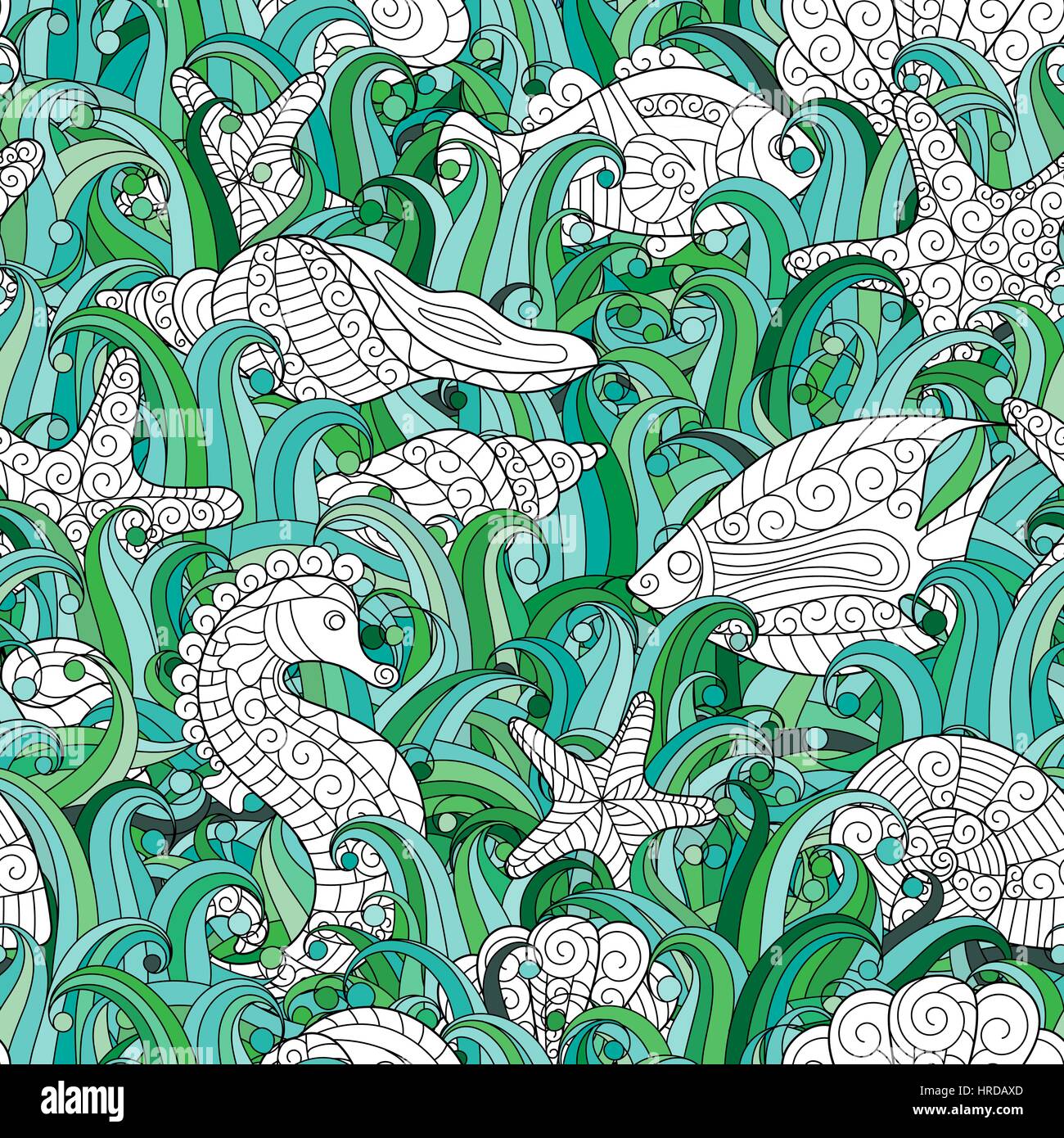 Seamless pattern of colorful hand drawn seashells, starfish and ...