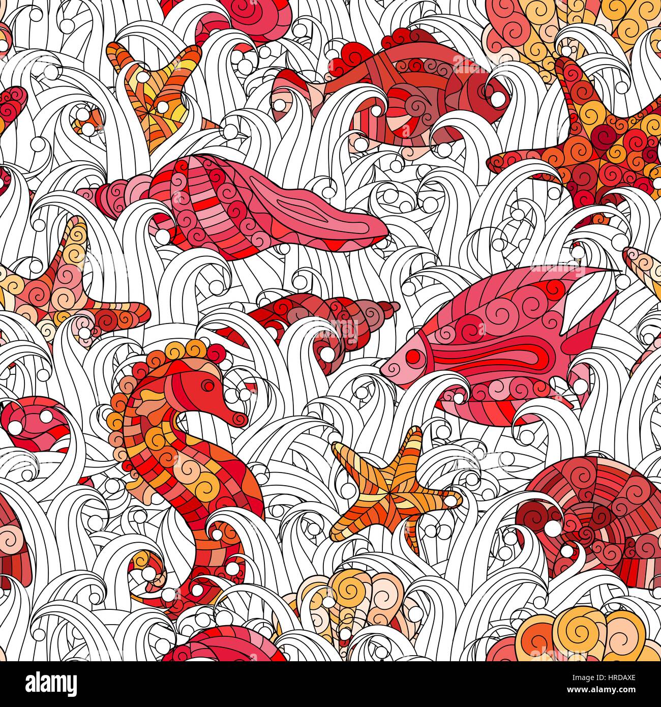 Seamless pattern of colorful hand drawn seashells, starfish and ...