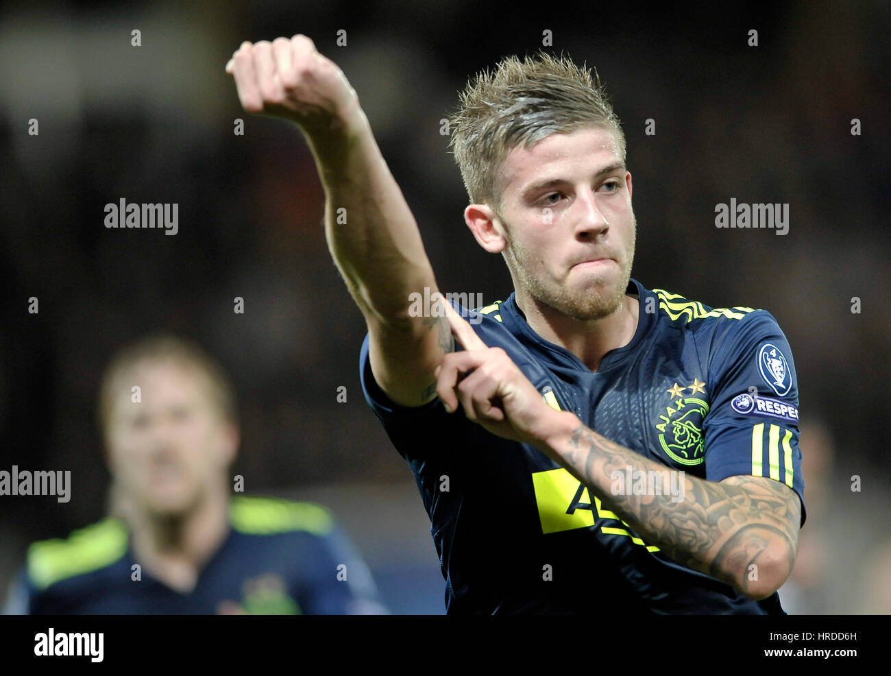 Ajax Amsterdam-player Toby Alderweireld celebrates a goal with teammates during the UEFA Champions League Group G soccer match between AJ Auxerre and  Stock Photo