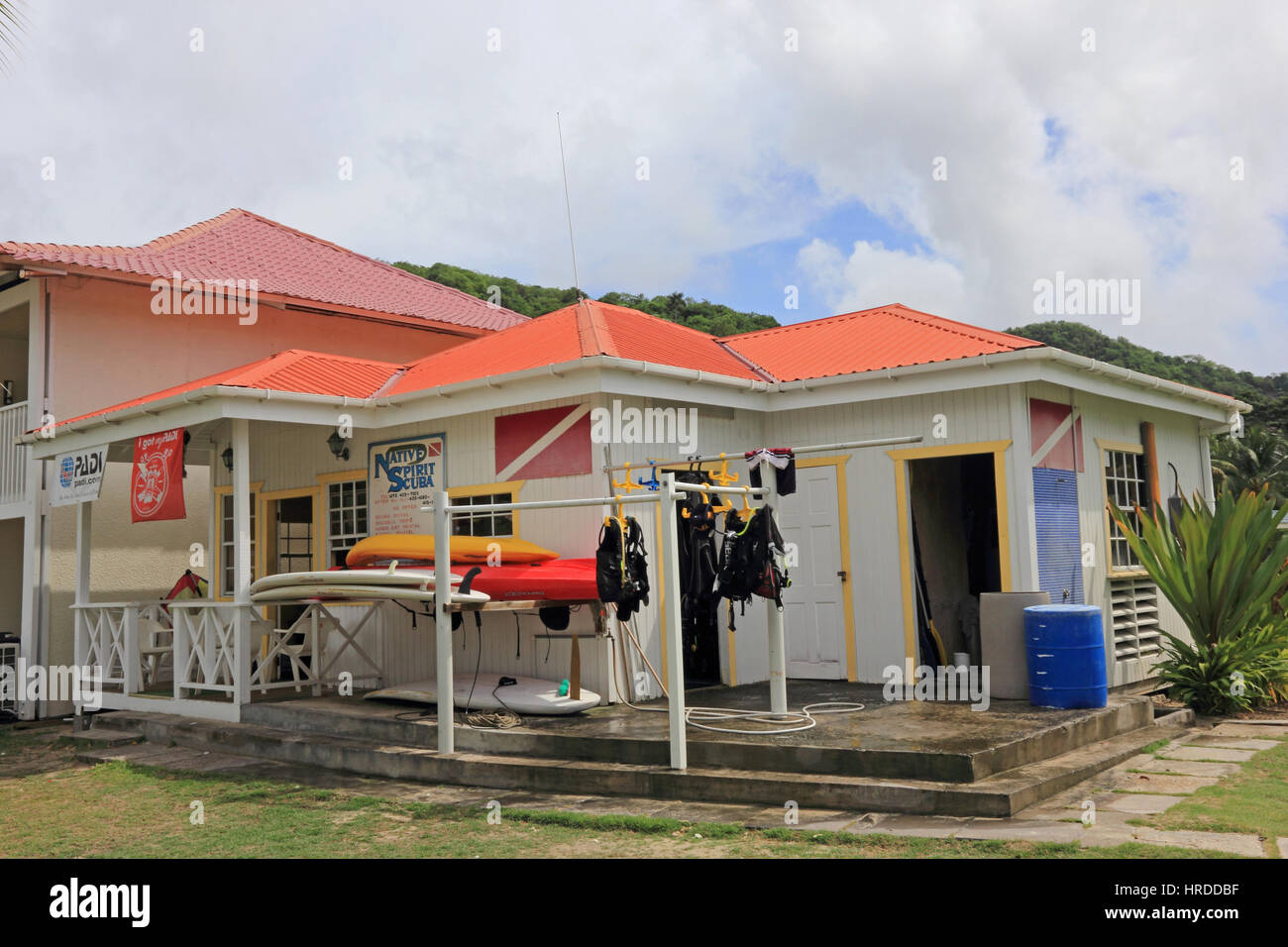 Native Spirit Scuba Dive Shop, Grand Asne beach, Grenada Stock Photo