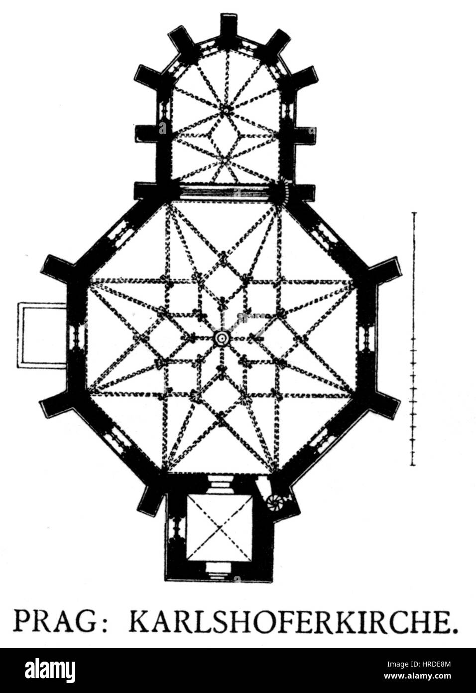 The Karlshoferkirche in Prague, featured in Dehio’s 455th publication, is an architectural landmark known for its Baroque style, blending intricate ornamentation and spiritual symbolism in its design. Stock Photo