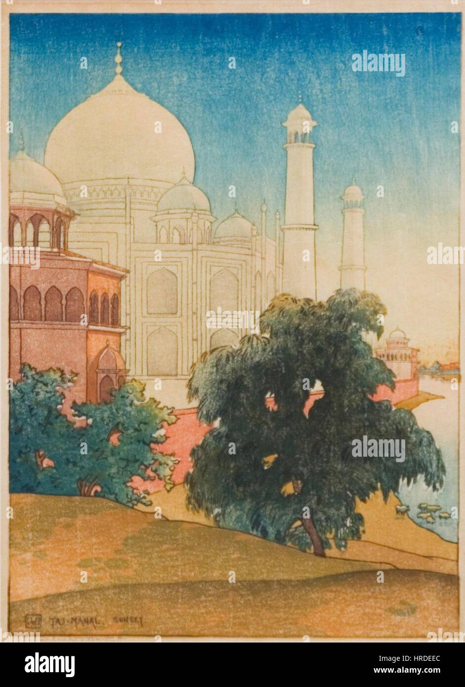Taj Mahal, Sunset by Charles Bartlett, woodblock, 1920 (Alt.) Stock Photo