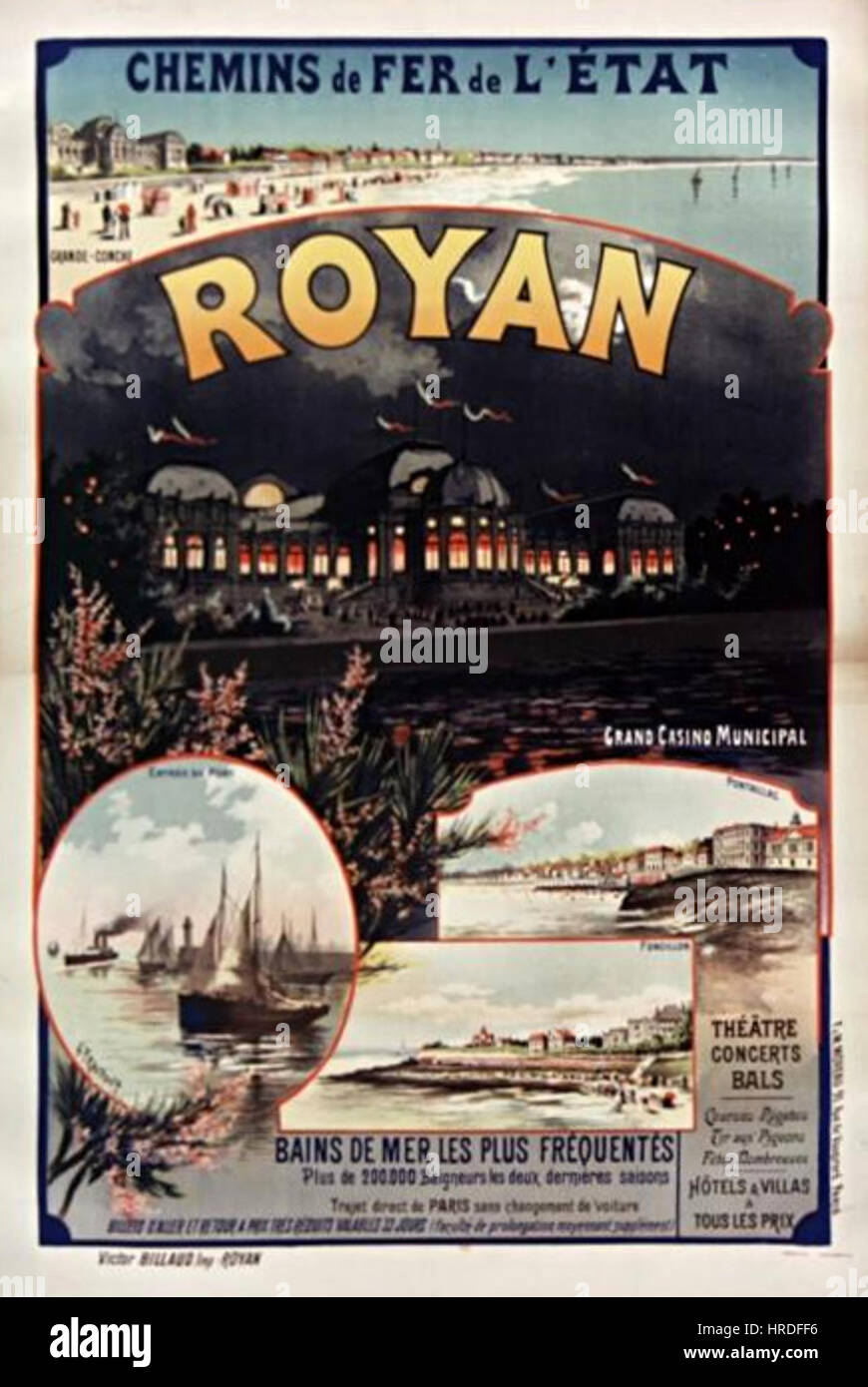 'Affiche Etat Royan' is a vintage French poster, likely promoting tourism or a cultural event in Royan. The piece showcases the design trends of early 20th-century French graphic art, characterized by bold colors and simplified forms to capture attention. Stock Photo