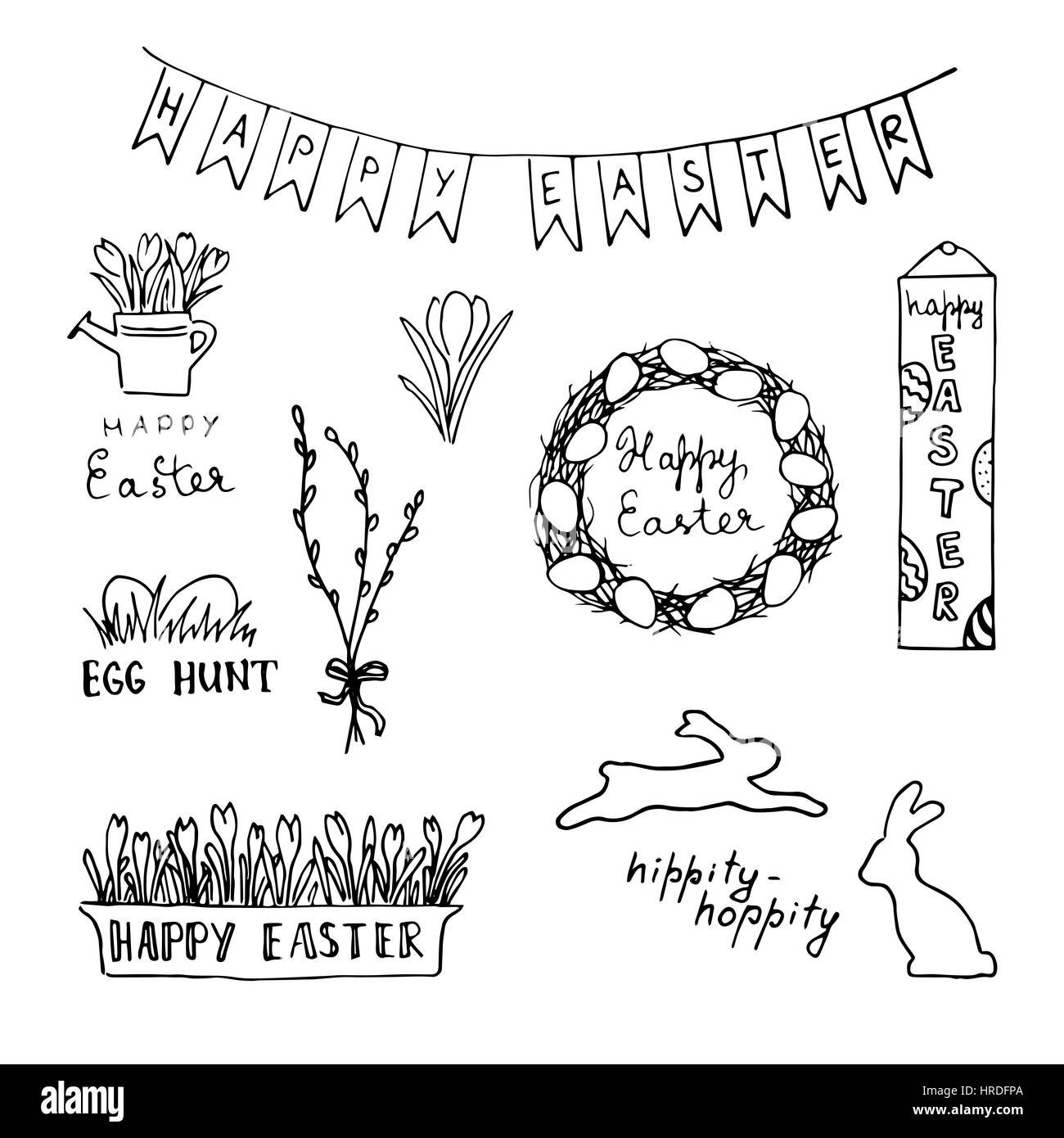 Happy easter card with eggs, rabbits, flowers, lettering, wreath. Typographical. sketch. Hand drawn. Brush pen. Garland, spring theme. Floral ornament Stock Vector