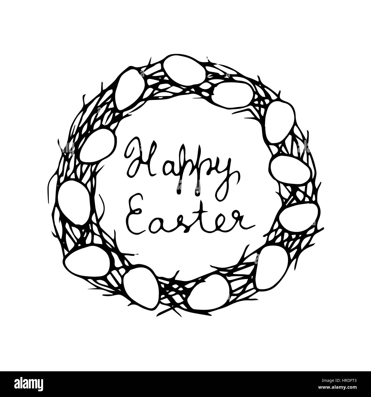 Happy easter card with eggs? lettering and wreath. Typographical Background. sketch. Hand drawn. Brush pen. Garland, spring theme. Floral ornament. Fo Stock Vector