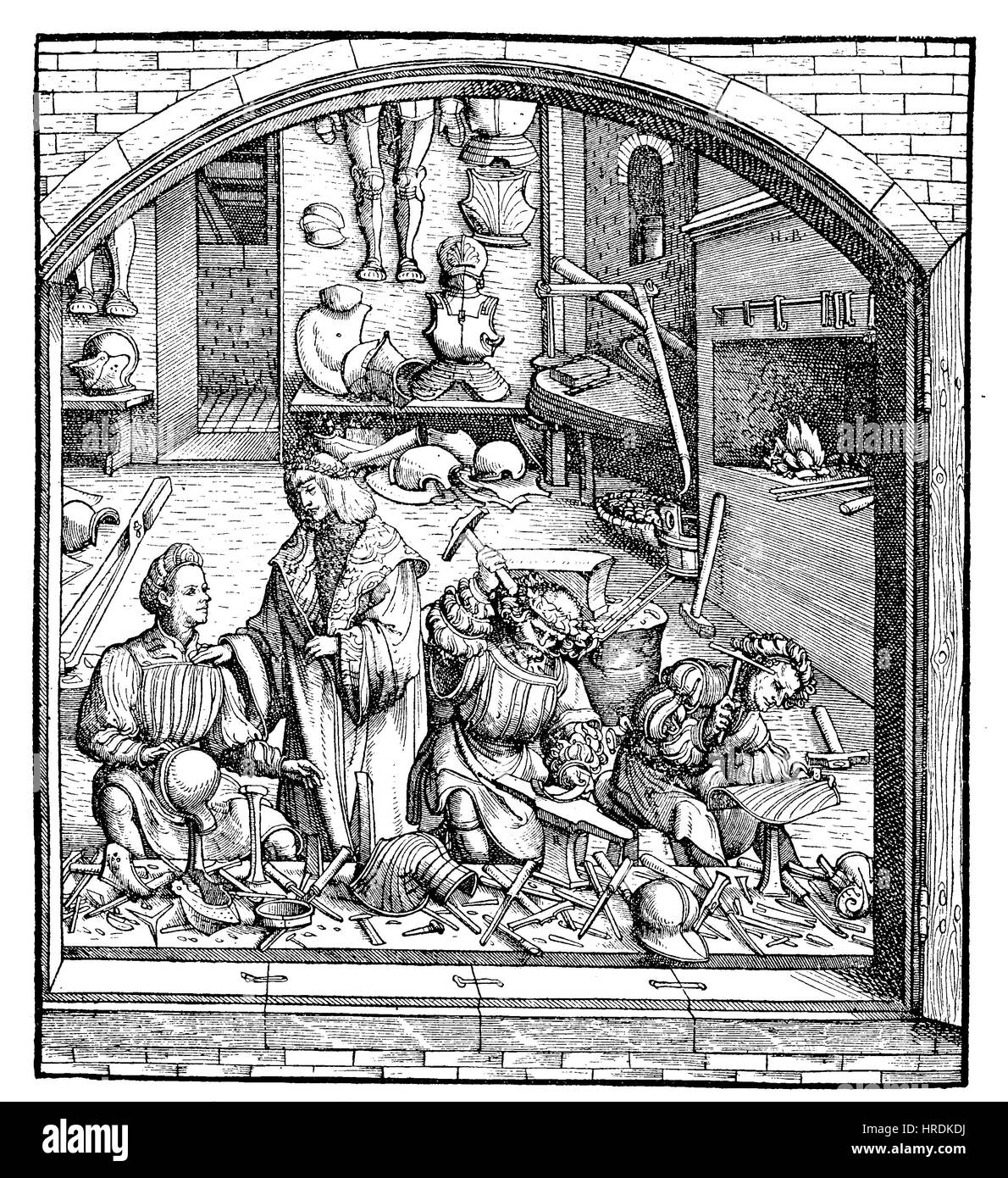 View from the street in the workshop of a gunsmith around the year 1500, facsimile of the woodcut of Hans Burgkmair, Germany, reproduction of an woodcut from the 19th century, 1885 Stock Photo