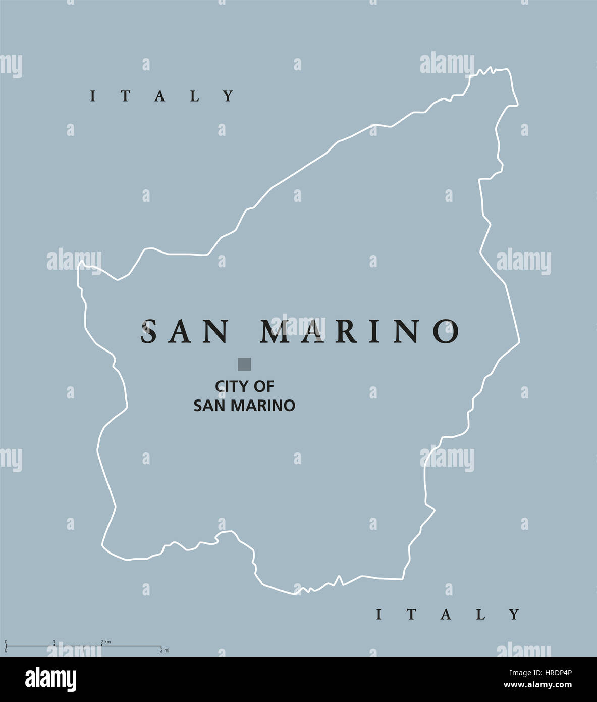 Most Serene Republic of San Marino political map with capital City of San Marino. Enclaved microstate surrounded by Italy. Stock Photo