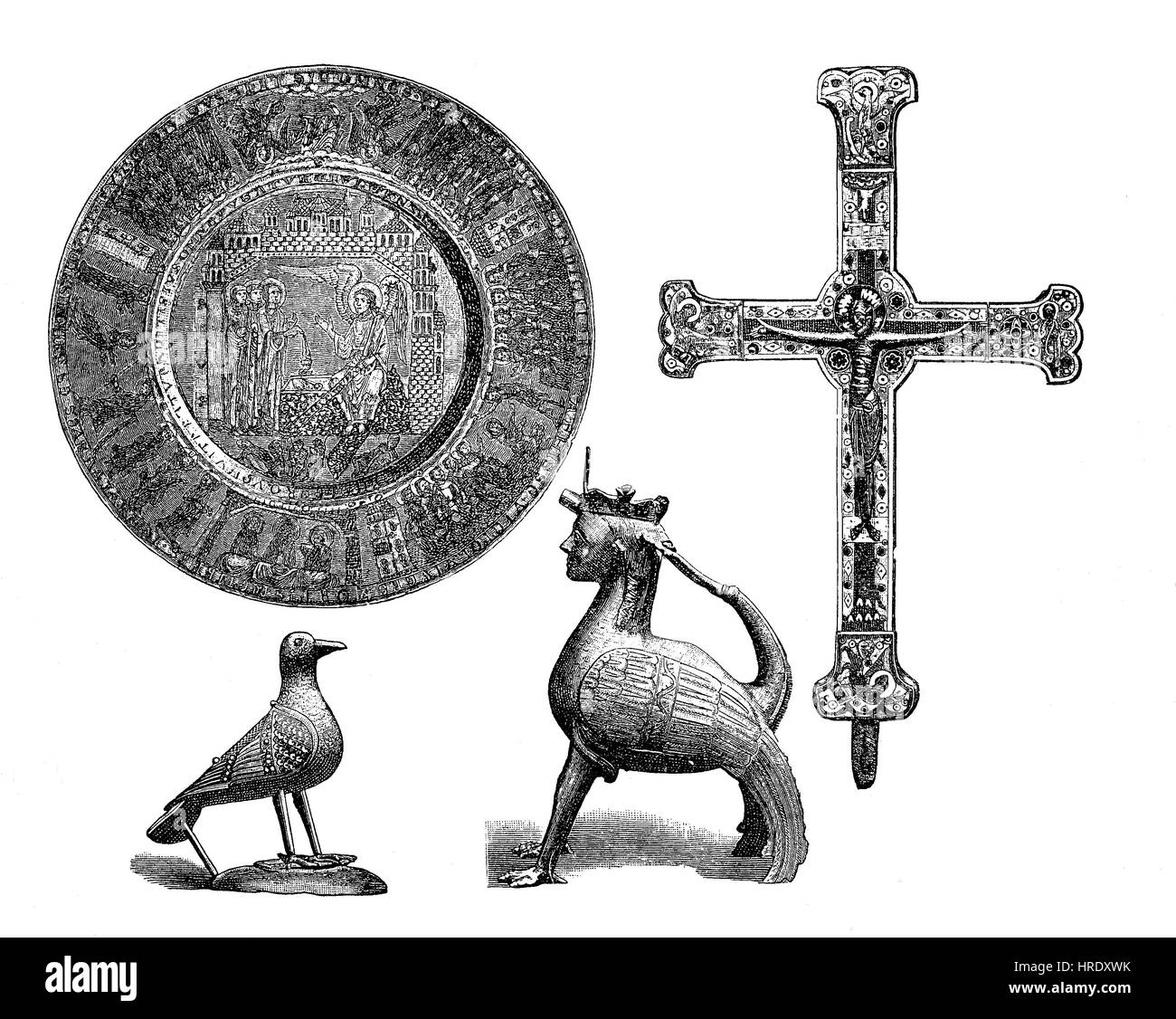 Liturgical utensils of the Middle Ages, on the upper left a paten or