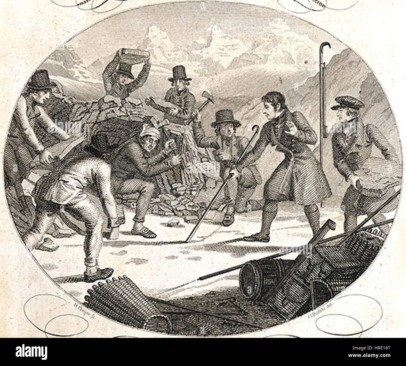 Franz Joseph Hugi - Installation d'une cabane sur le glacier de l'Unteraar. Stock Photo