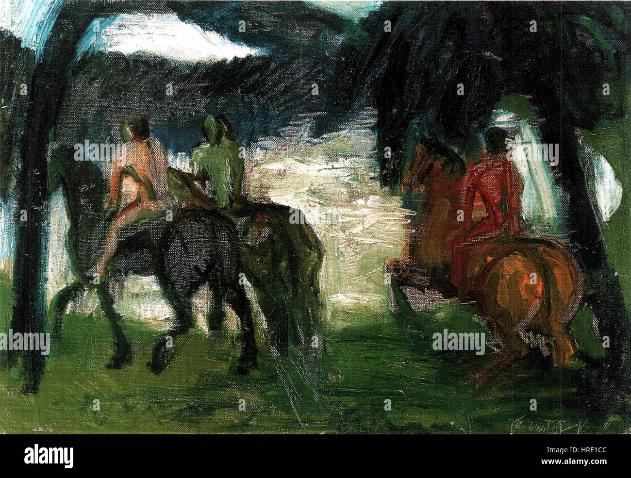 'Three Riders' by Kernstok, painted around 1910, depicts three figures on horseback. The painting captures the energy and motion of the riders, emphasizing dynamic movement and the power of the horses. Stock Photo